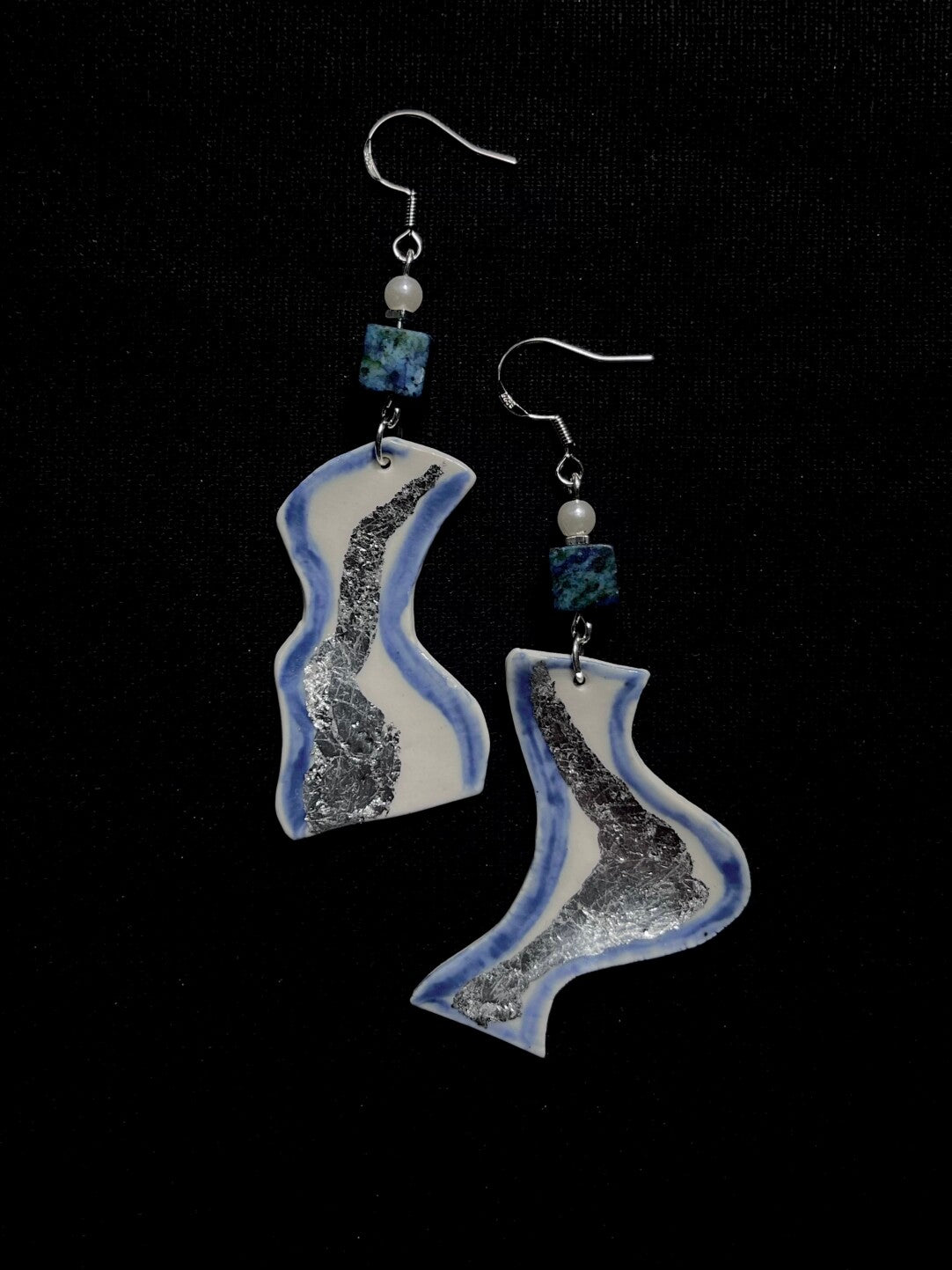Lunar Arc Earrings - Serene Blue & White Ceramic Fragment