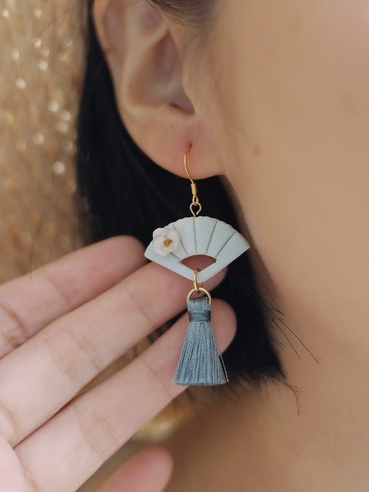 Chinese Style Folding Fan Earrings-Handmade Soft Polymer Clay-Tassel Drop