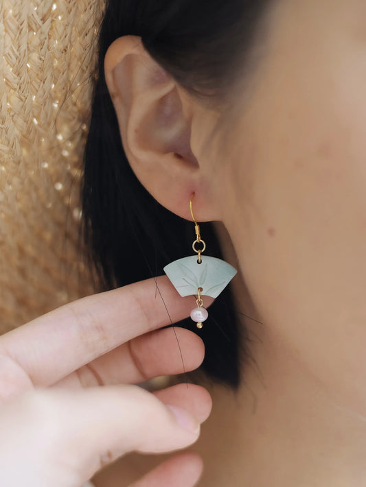 Chinese Style Folding Fan Earrings-Handmade Soft Polymer Clay-Pearl Drop