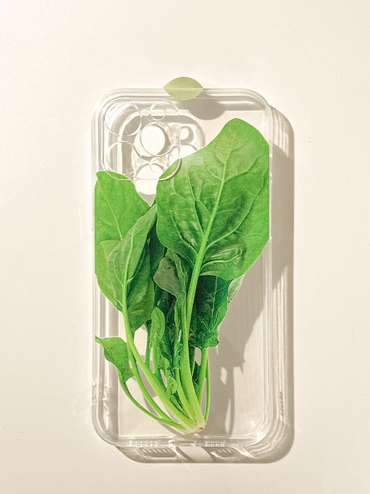 Clear Transparent Spinach Design Phone Case for iPhone 16/15/14/13/12/11 Pro/Max - Realistic Vegetable Art Cover