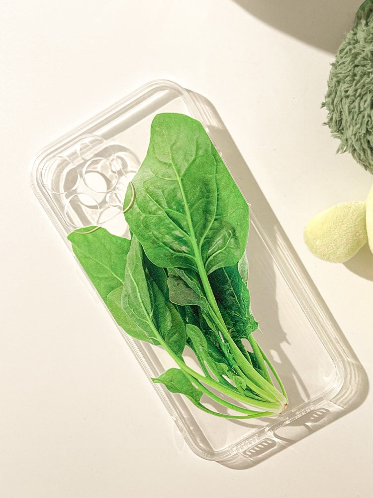 Clear Transparent Spinach Design Phone Case for iPhone 16/15/14/13/12/11 Pro/Max - Realistic Vegetable Art Cover