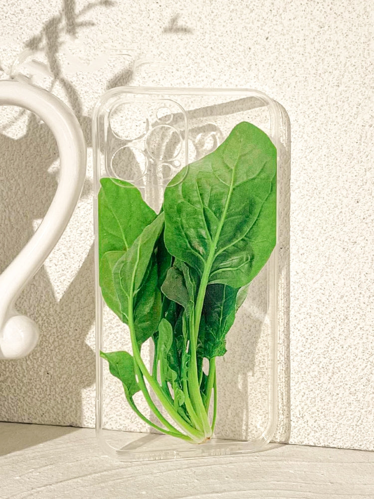 Clear Transparent Spinach Design Phone Case for iPhone 16/15/14/13/12/11 Pro/Max - Realistic Vegetable Art Cover