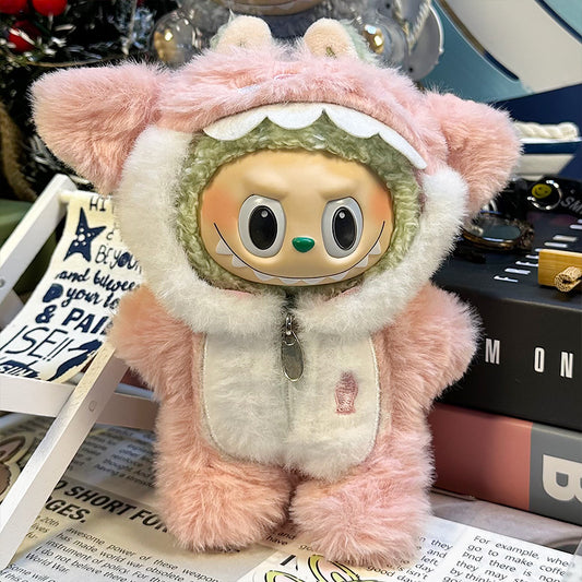 Labubu Clothes 17cm-Pink Shark Knit Set (Zipper Hoodie + Pants)