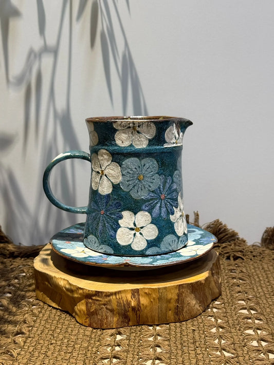 Original Artist Ceramic Cup | Retro Indigo Blue Floral Pattern Ceramic Tea Cup