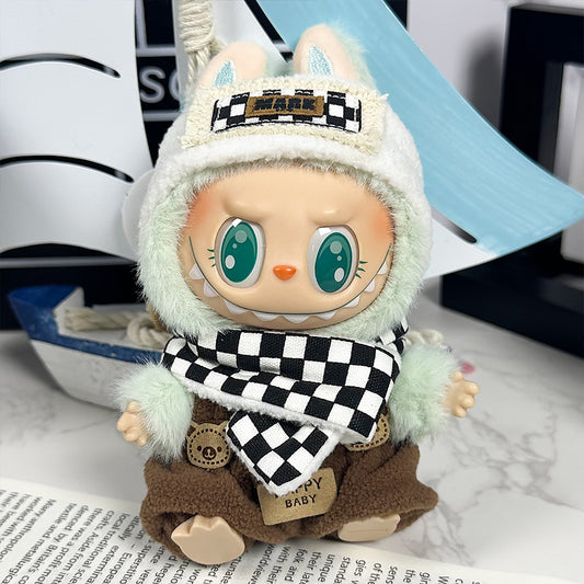Labubu Outfit 17cm- Black Plaid Set (Headband + Overalls + Scarf)