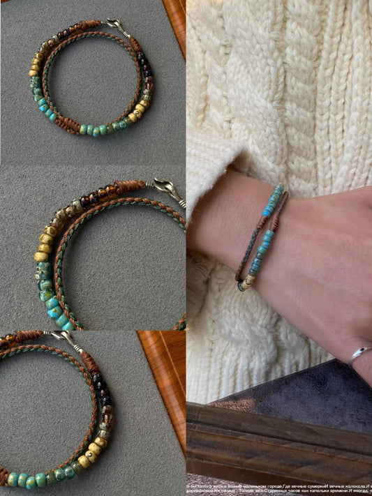 Terra & Sage Tibetan Bracelet - Two-Layer Micro-Beaded Lucky Strands