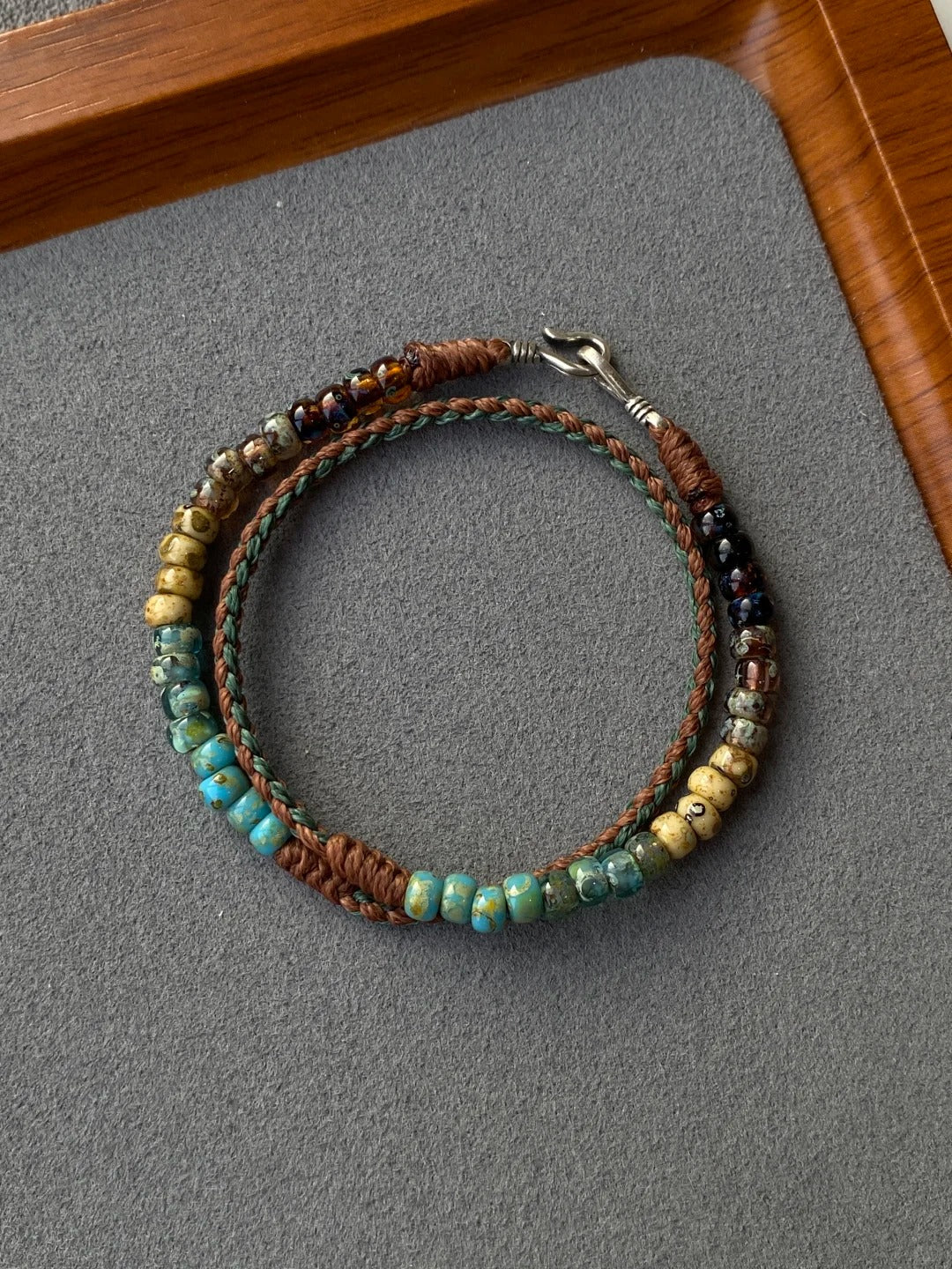 Terra & Sage Tibetan Bracelet - Two-Layer Micro-Beaded Lucky Strands