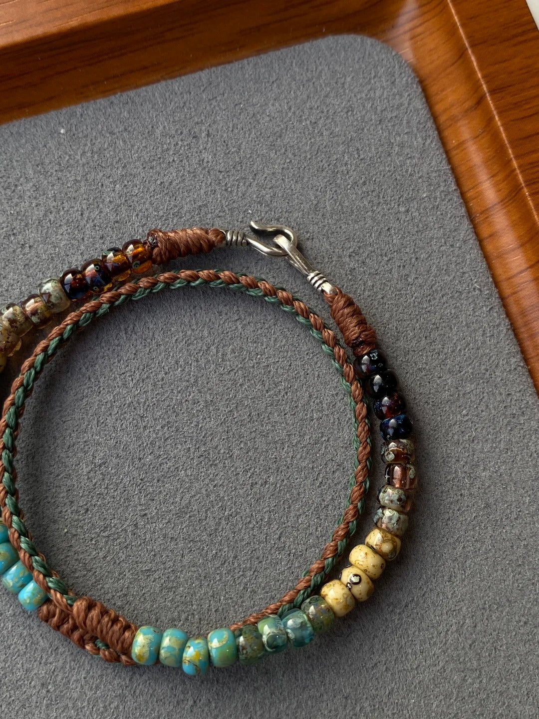 Terra & Sage Tibetan Bracelet - Two-Layer Micro-Beaded Lucky Strands