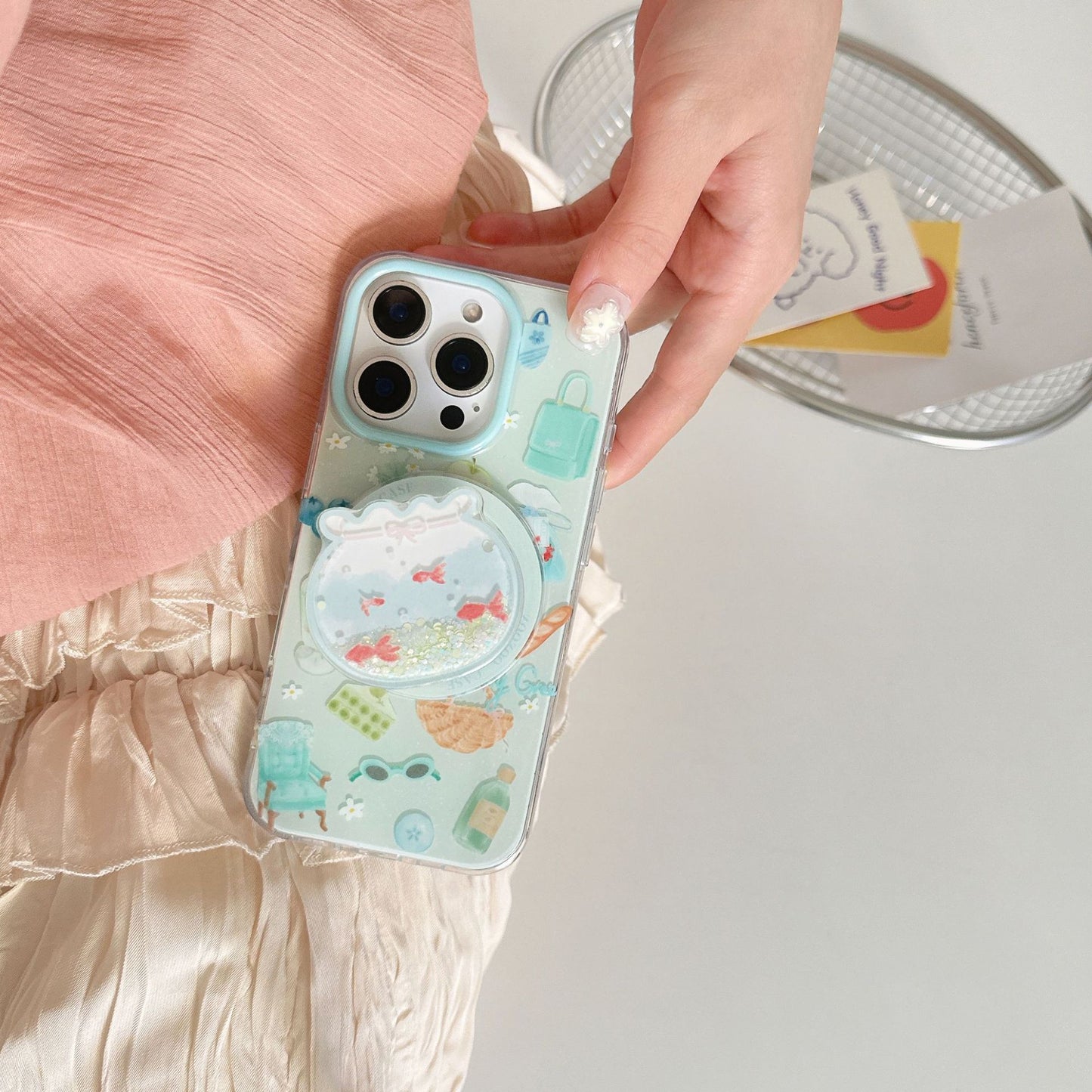 Whimsical Dessert Art Phone Case + Floating Goldfish Sand Phone Stand