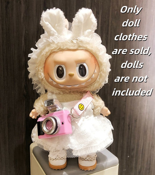 Labubu Clothes-White Bunny Angel Dress, Camera, and Shoes