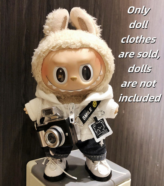 Labubu Clothes-White Hoodie, Jeans, Camera, and Shoes