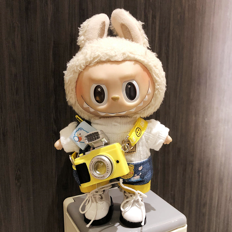 Labubu Clothes-White Shirt with Bear Overalls, Camera, and Shoes