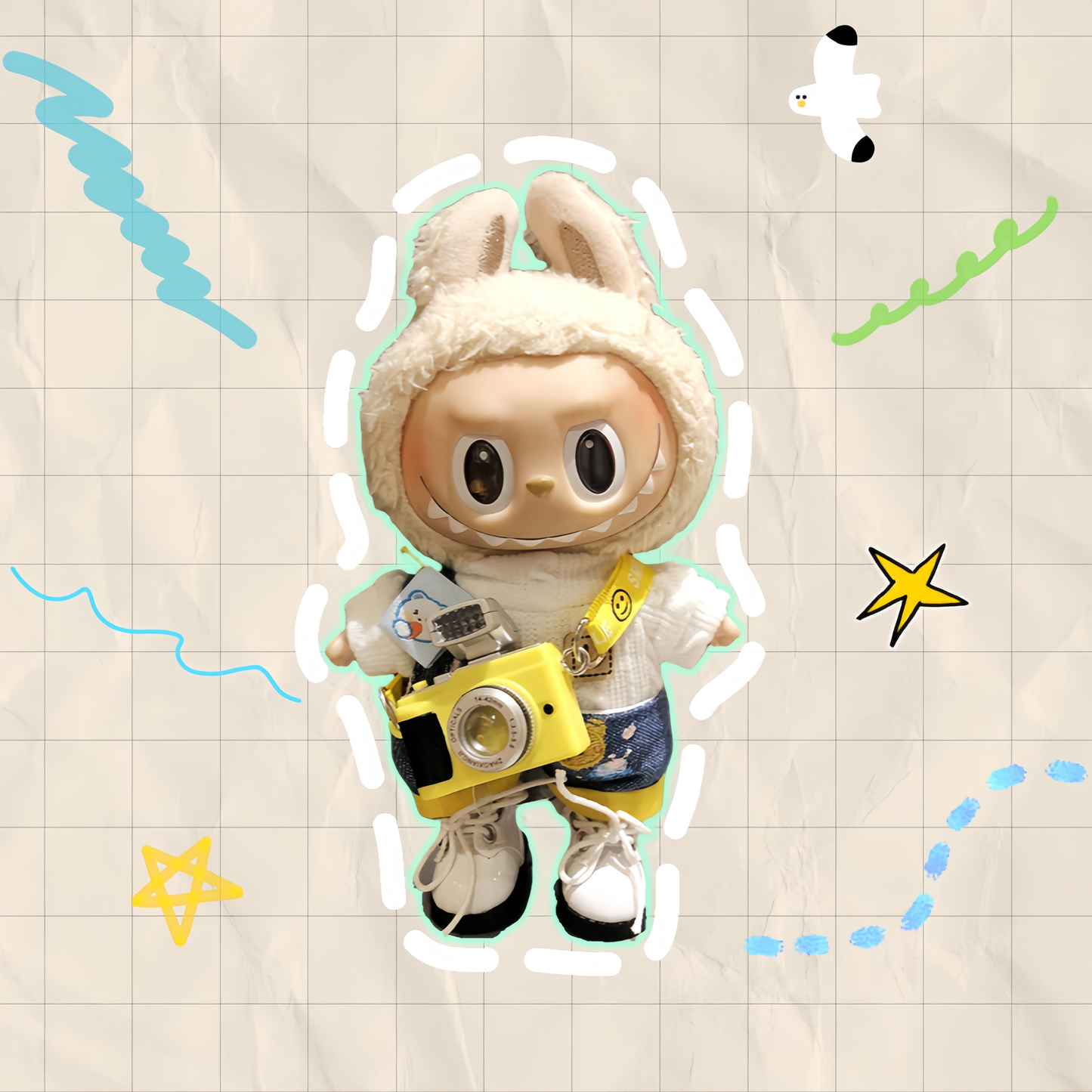 Labubu Clothes-White Shirt with Bear Overalls, Camera, and Shoes