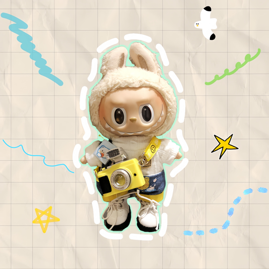 Labubu Clothes-White Shirt with Bear Overalls, Camera, and Shoes