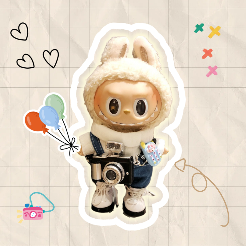 Labubu Clothes 17cm-White Shirt with Overalls, Camera, and Shoes