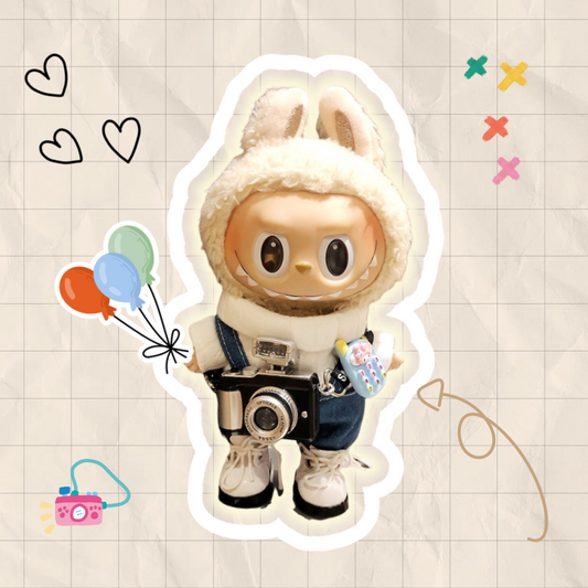 Labubu Clothes 17cm-White Shirt with Overalls, Camera, and Shoes