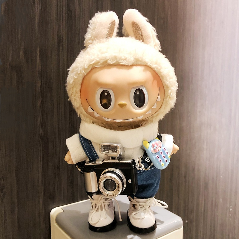 Labubu Clothes 17cm-White Shirt with Overalls, Camera, and Shoes
