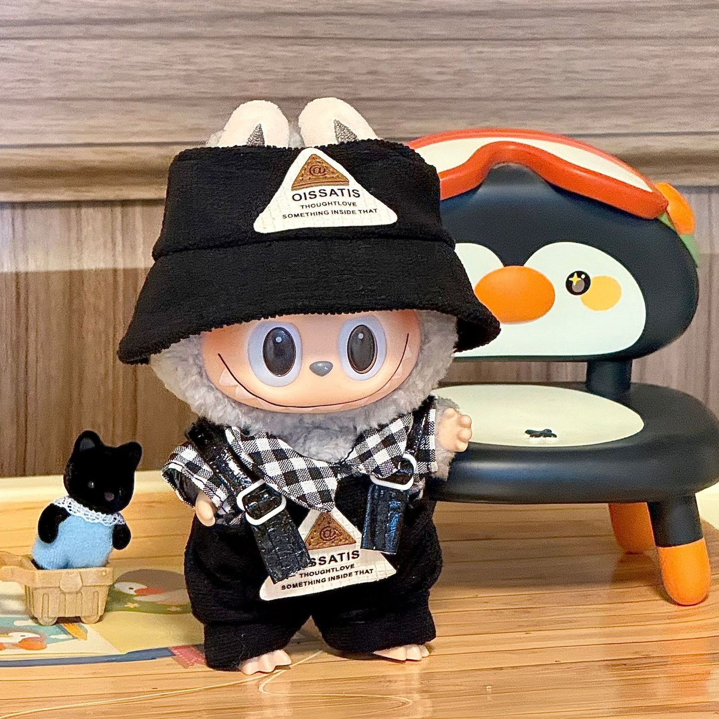 17cm Labubu Clothes - Wild Child (Bucket Hat + Black & White Gingham Shirt + Overalls)