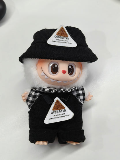 17cm Labubu Clothes - Wild Child (Bucket Hat + Black & White Gingham Shirt + Overalls)