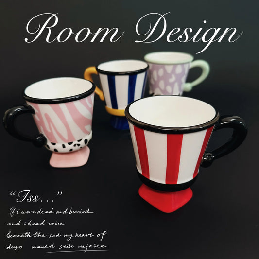 Retro Striped Ceramic Mug, 250ml High Footed Cup with Underglaze Design