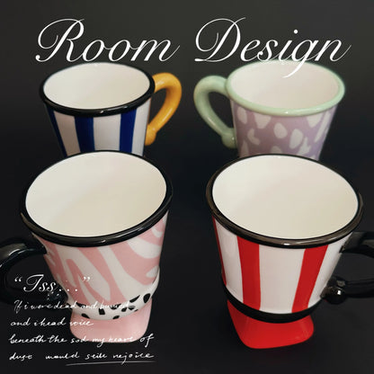 Retro Striped Ceramic Mug, 250ml High Footed Cup with Underglaze Design