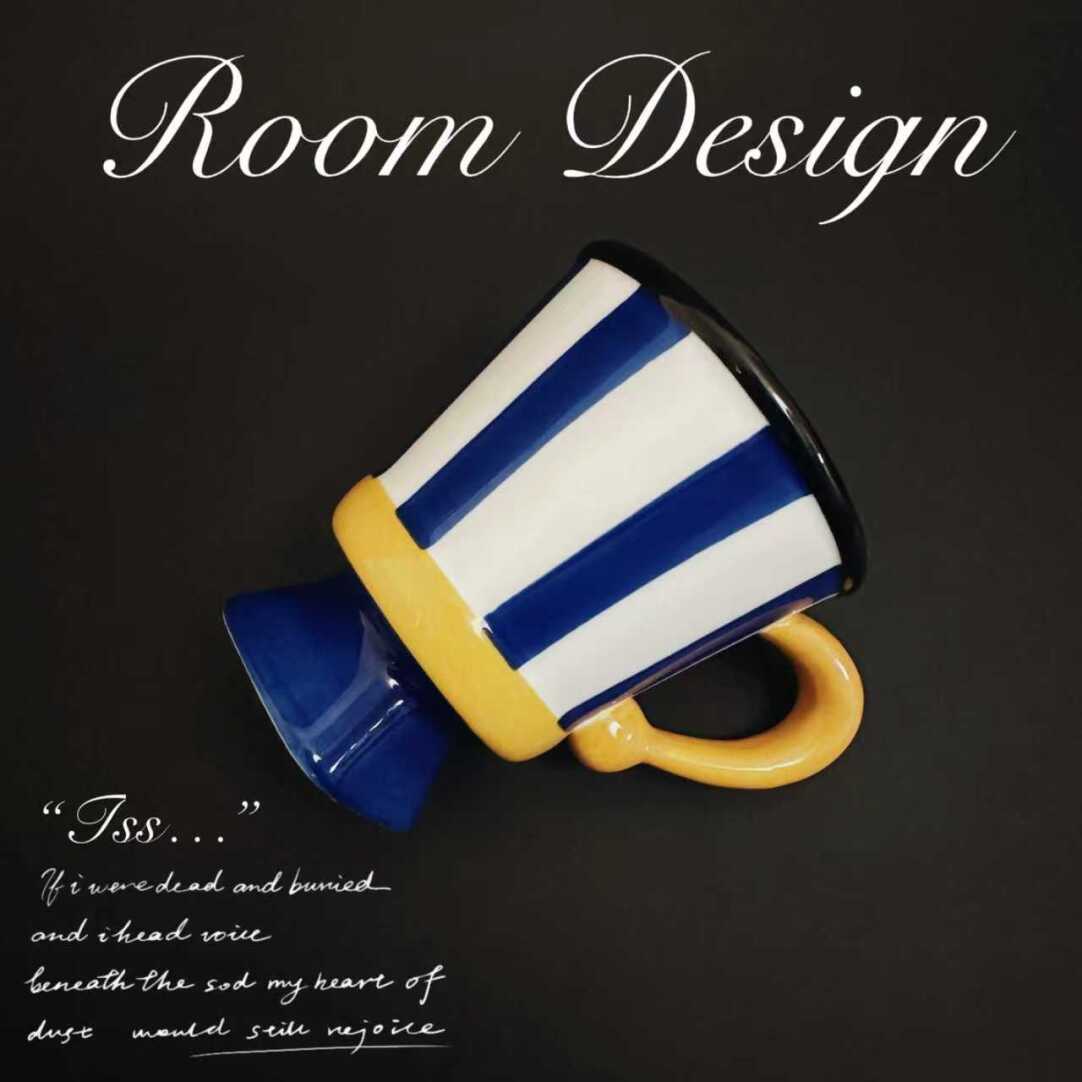 Retro Striped Ceramic Mug, 250ml High Footed Cup with Underglaze Design