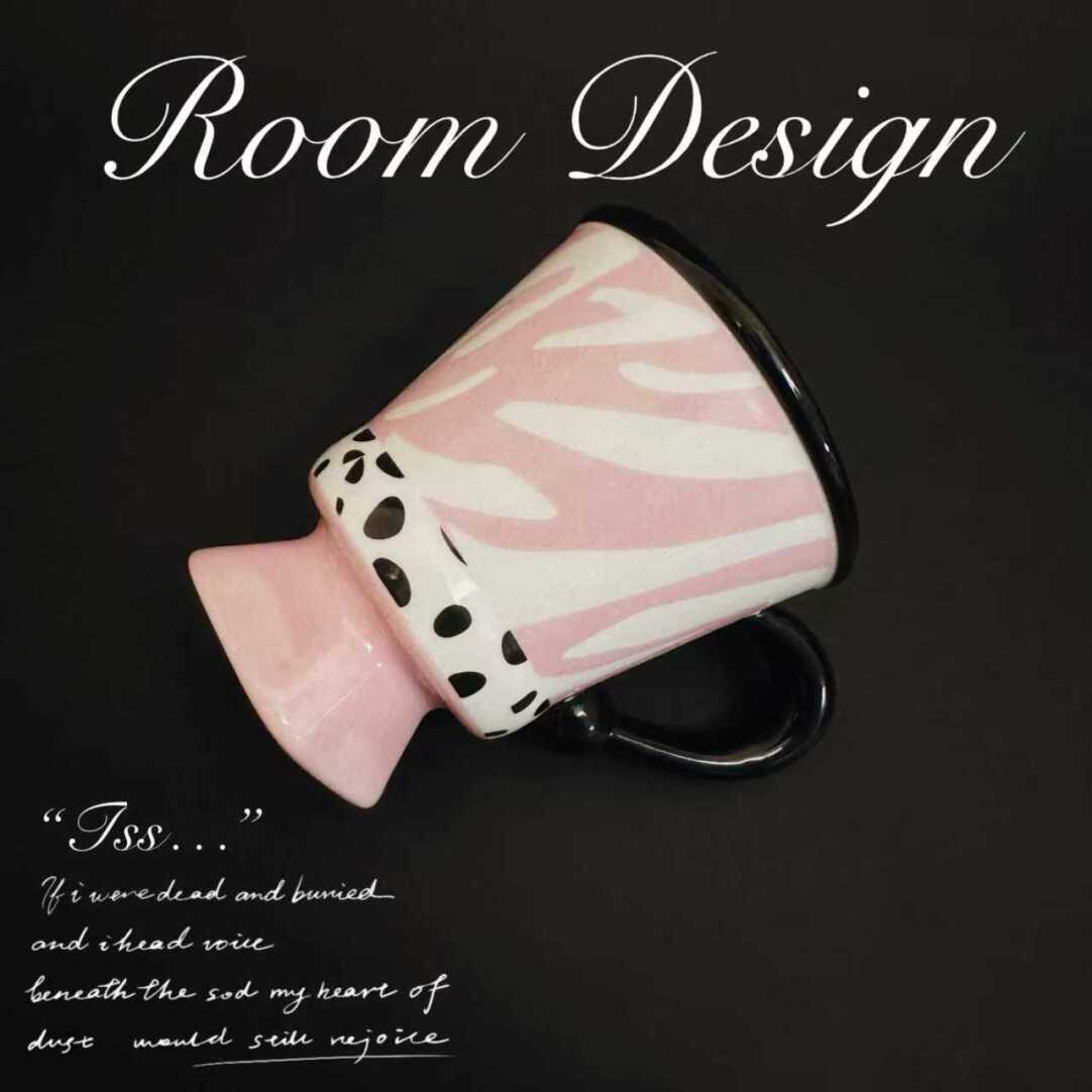 Retro Striped Ceramic Mug, 250ml High Footed Cup with Underglaze Design