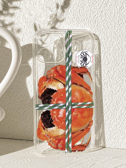 Transparent Crab Design Phone Case for iPhone 16/15/14/13/12/11 Pro/Max - Realistic Seafood Art Protective Cover