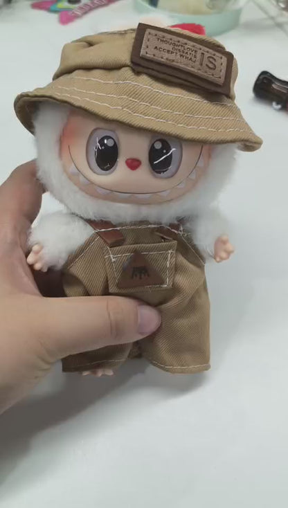 17 cm Labubu clothes-Little Traveler (Brown Bucket Hat + Overalls）